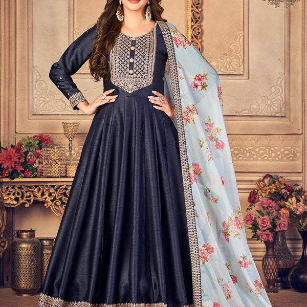 Myra Navy Blue Silk Slub Embroidered Anarkali Suit - Distacart