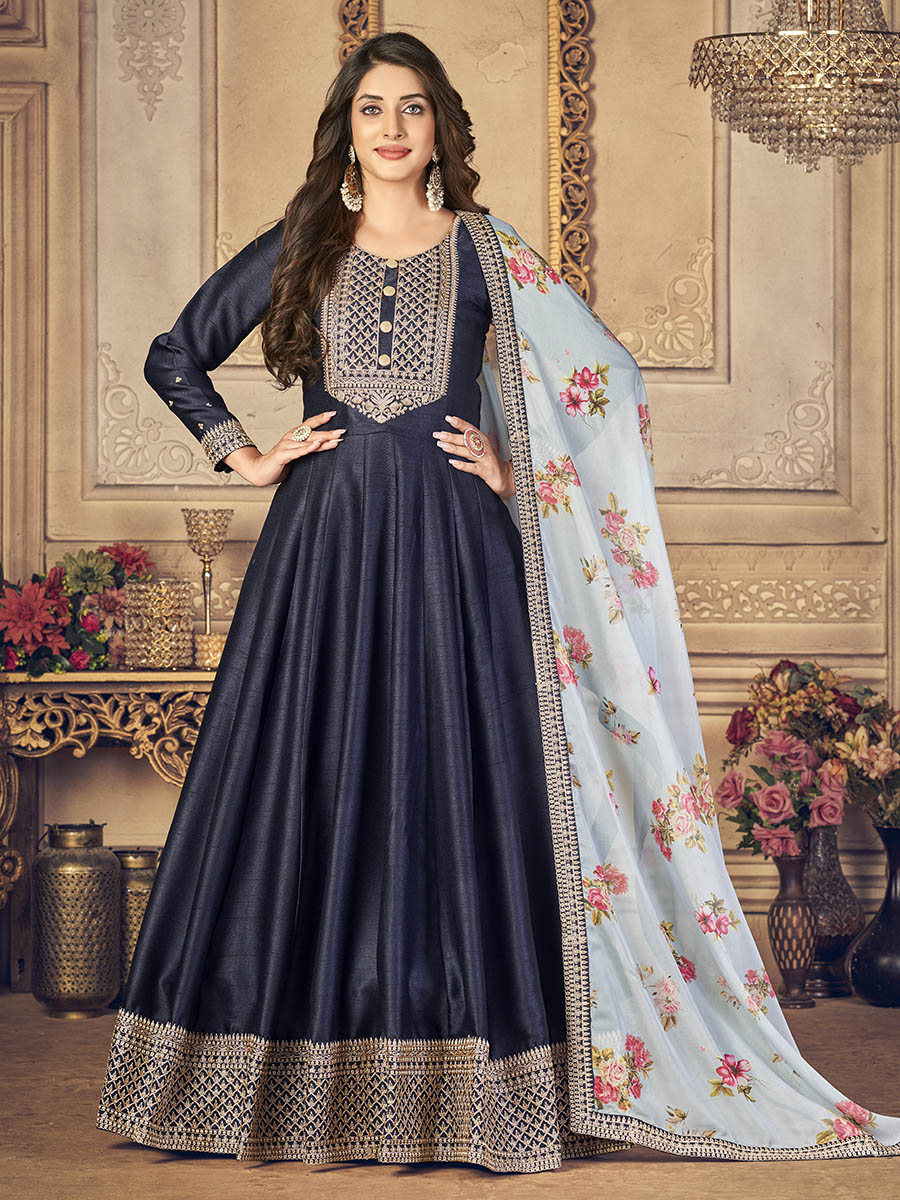 Myra Navy Blue Silk Slub Embroidered Anarkali Suit - Distacart