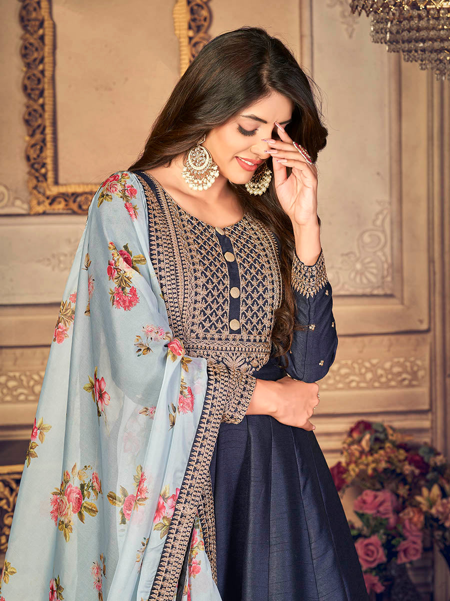 Myra Navy Blue Silk Slub Embroidered Anarkali Suit - Distacart