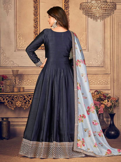 Myra Navy Blue Silk Slub Embroidered Anarkali Suit - Distacart