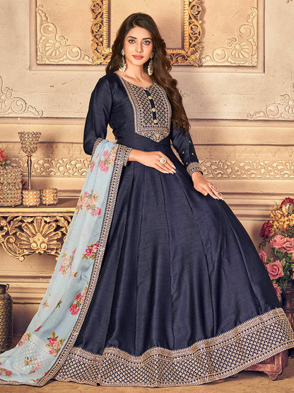 Myra Navy Blue Silk Slub Embroidered Anarkali Suit - Distacart