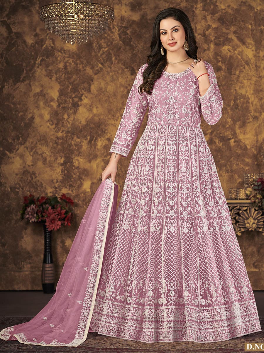 Myra Dusty Pink Butterfly Net Embroidered Anarkali Suit - Distacart