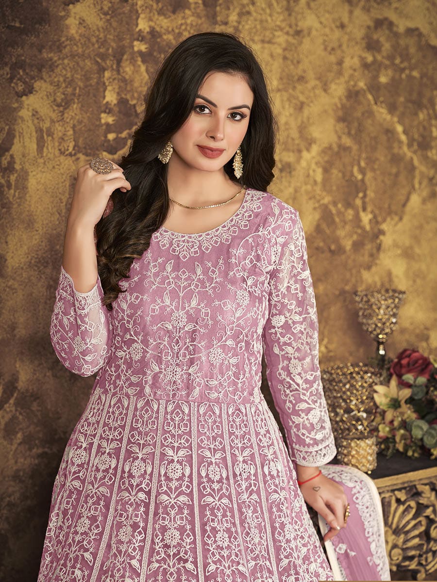 Myra Dusty Pink Butterfly Net Embroidered Anarkali Suit - Distacart