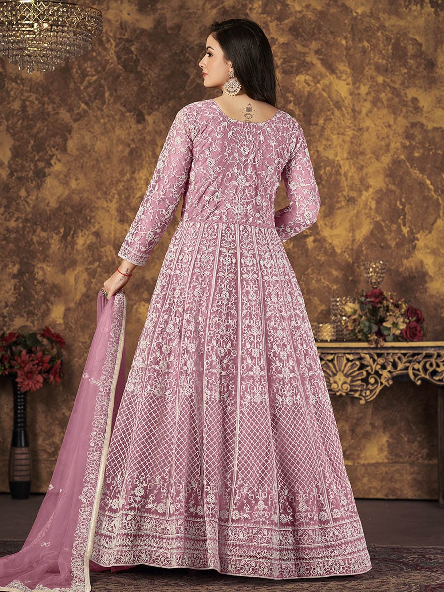Myra Dusty Pink Butterfly Net Embroidered Anarkali Suit - Distacart
