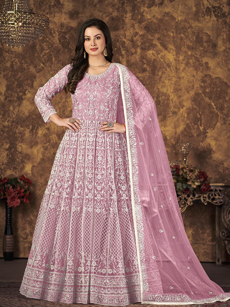 Myra Dusty Pink Butterfly Net Embroidered Anarkali Suit - Distacart