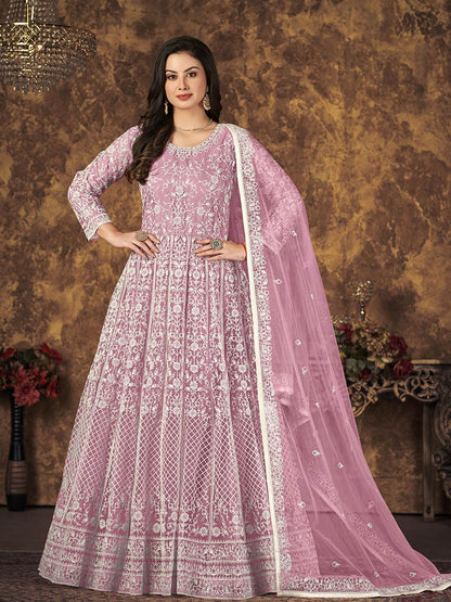 Myra Dusty Pink Butterfly Net Embroidered Anarkali Suit - Distacart