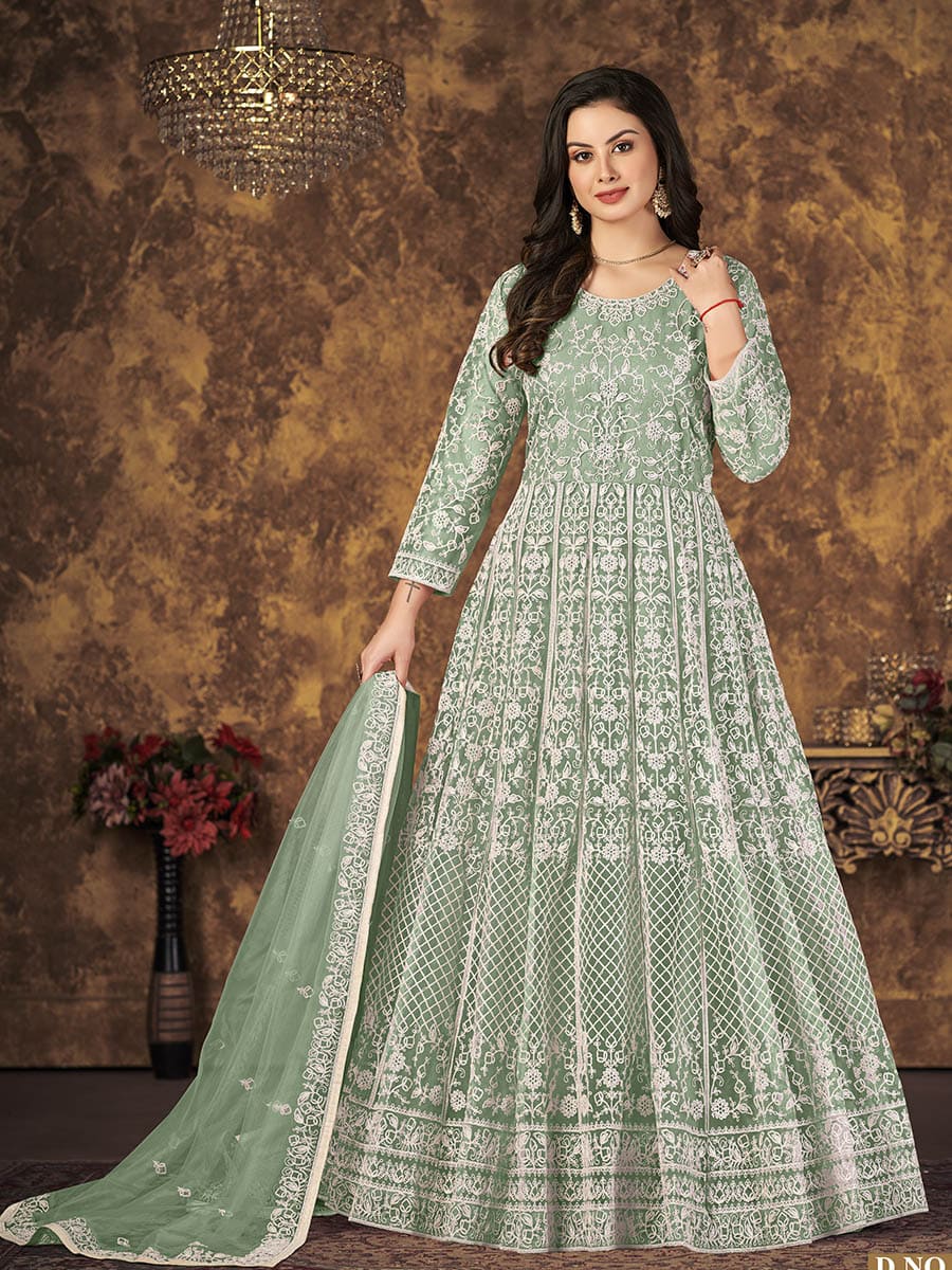 Myra Dusty Pista Butterfly Net Embroidered Anarkali Suit - Distacart