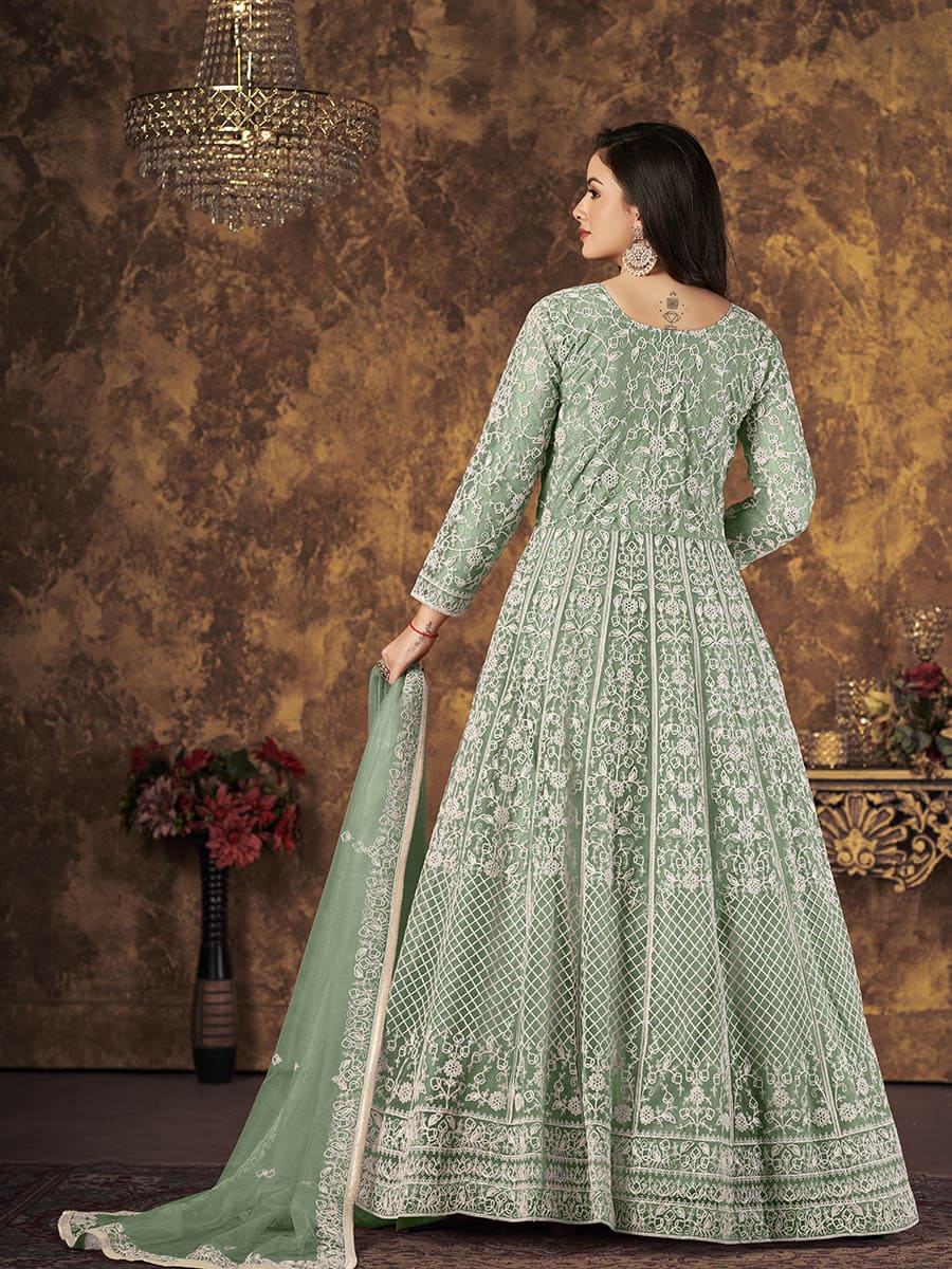 Myra Dusty Pista Butterfly Net Embroidered Anarkali Suit - Distacart