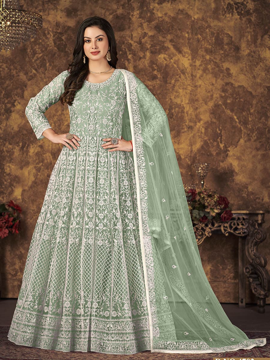 Myra Dusty Pista Butterfly Net Embroidered Anarkali Suit - Distacart