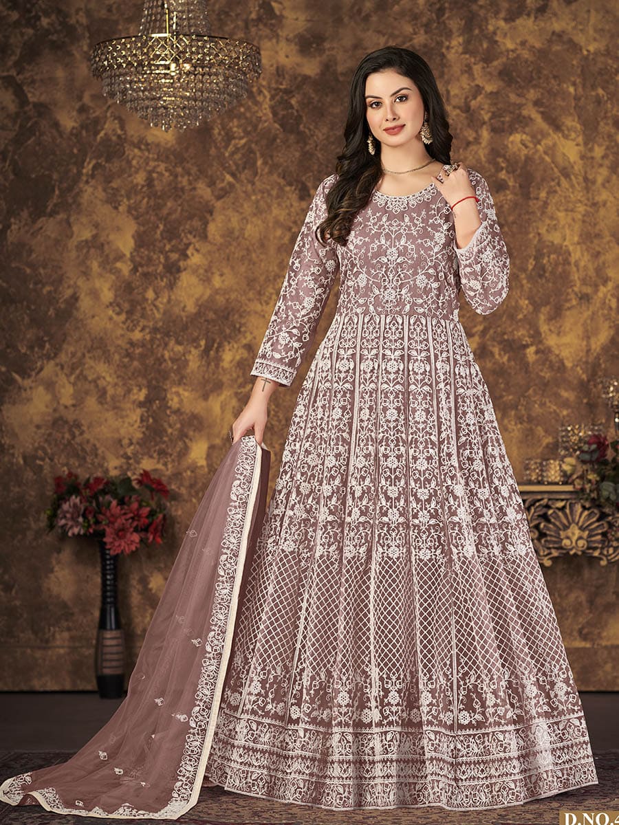 Myra Dusty Brown Butterfly Net Embroidered Anarkali Suit - Distacart