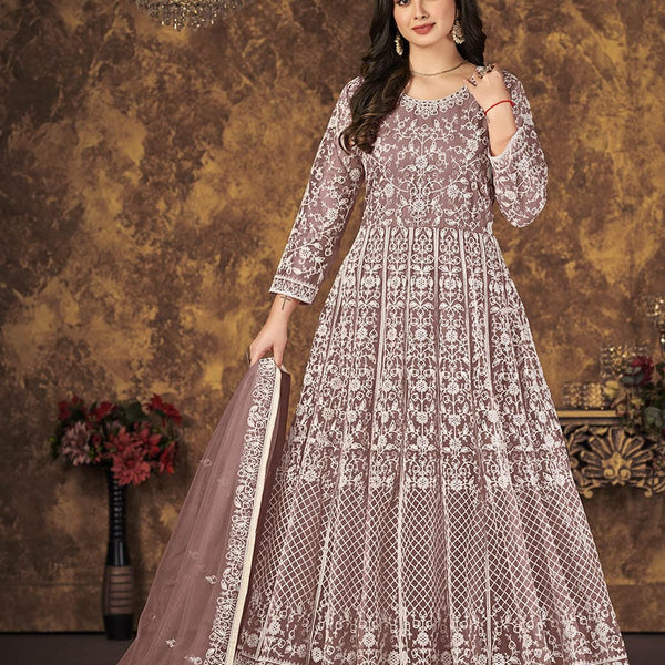 Myra Dusty Brown Butterfly Net Embroidered Anarkali Suit - Distacart