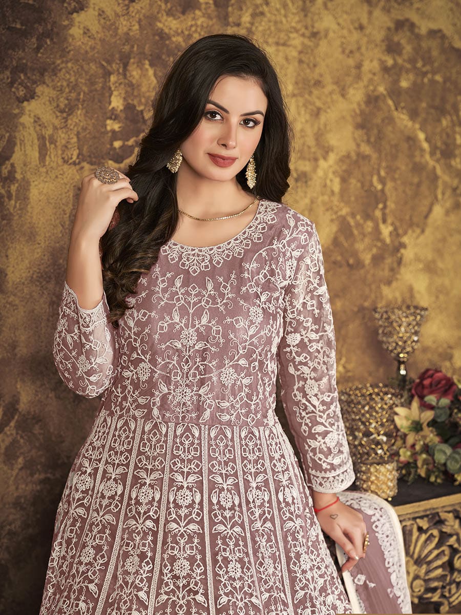 Myra Dusty Brown Butterfly Net Embroidered Anarkali Suit - Distacart