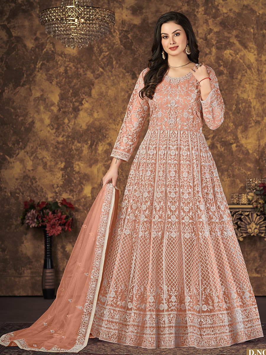 Myra Dusty Peach Butterfly Net Embroidered Anarkali Suit - Distacart