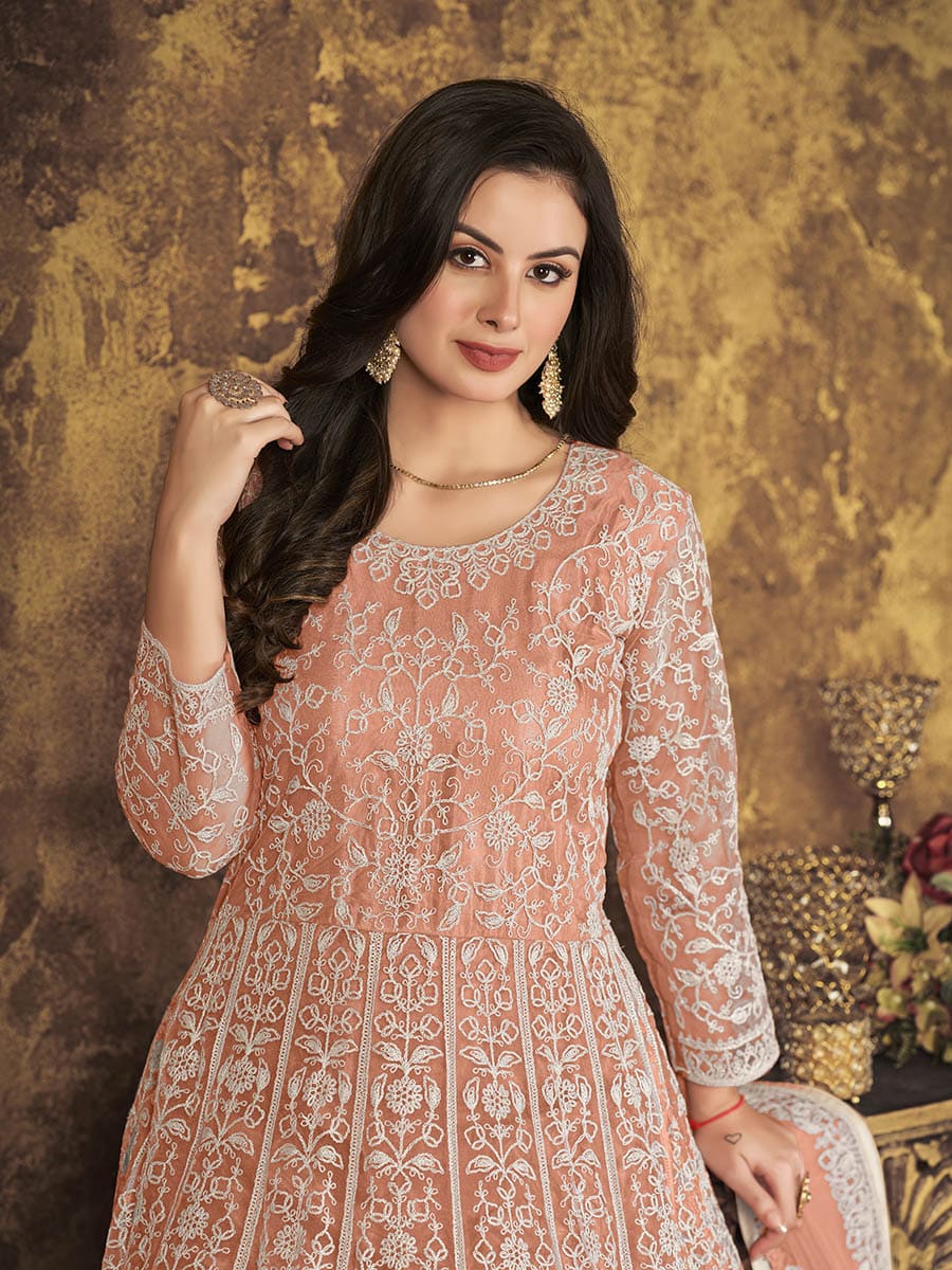 Myra Dusty Peach Butterfly Net Embroidered Anarkali Suit - Distacart