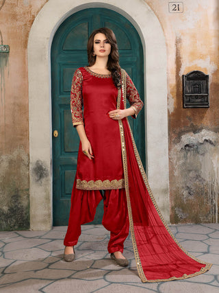 Myra Red Art Silk Real Glass Work Suit - Distacart