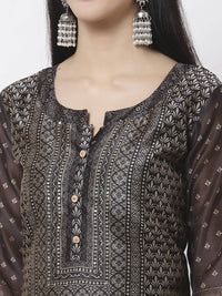 Thumbnail for Myshka Black Chanderi Silk Embroidered 3/4 Sleeve Round Neck Kurta Pant Dupatta Set