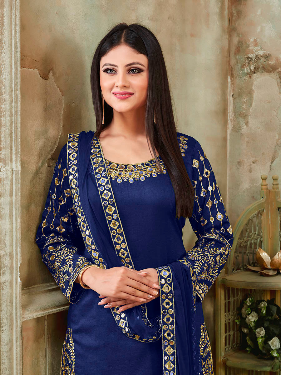 Myra Royal Blue Art Silk Real Glass Work Suit - Distacart
