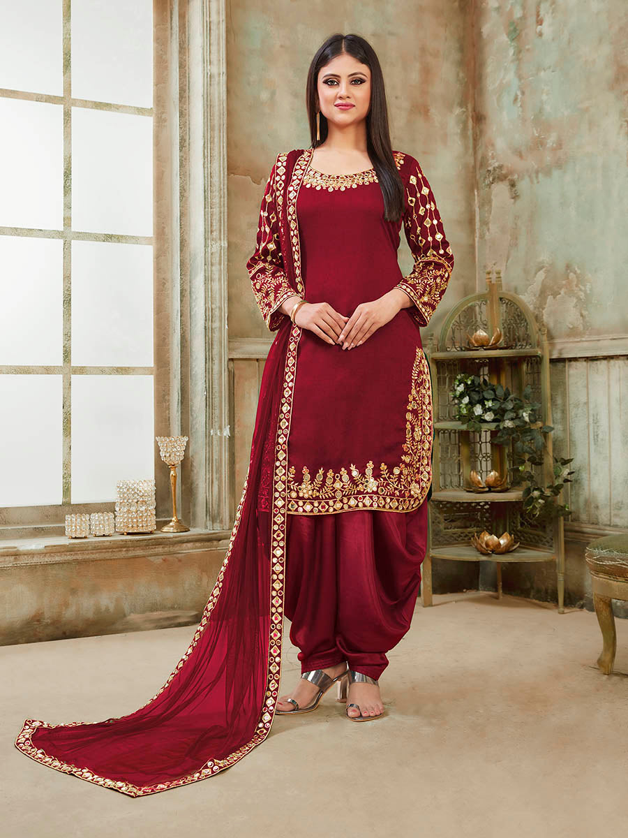 Myra Red Art Silk Real Glass Work Suit - Distacart