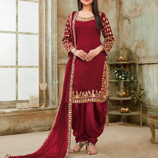 Myra Red Art Silk Real Glass Work Suit - Distacart