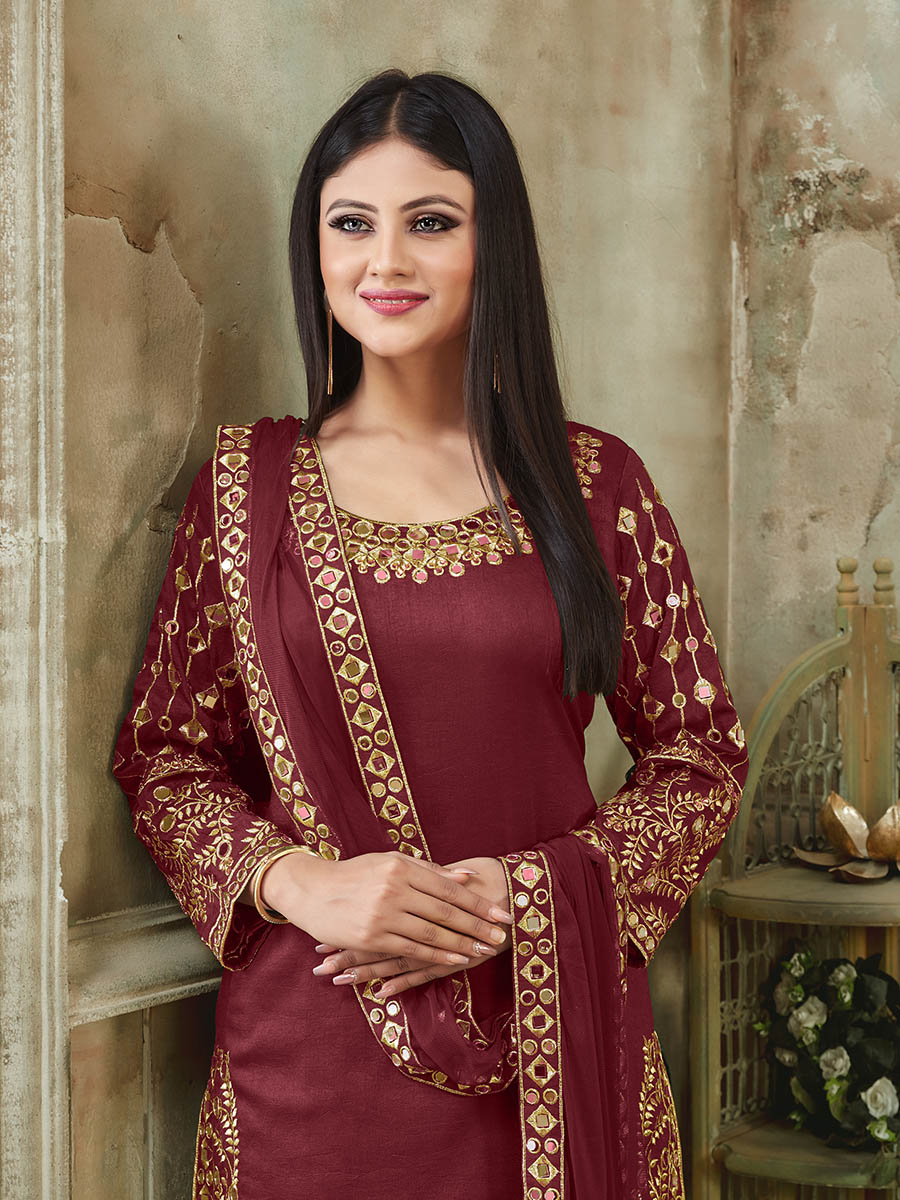 Myra Red Art Silk Real Glass Work Suit - Distacart