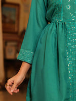 Thumbnail for Juniper Women's Teal Festive Embroiderd Flared Dress - Distacart