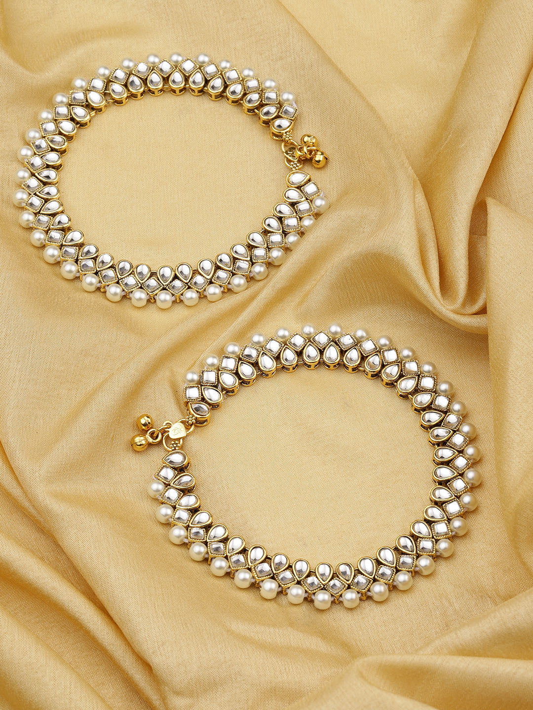 Priyaasi Women Set Of 2 Gold-Plated Kundan and Pearls Studded Heavy Anklets - Distacart