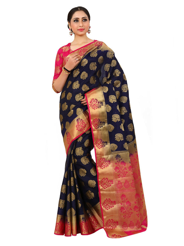 Mimosa Kanchipuram Silk Navy Blue Saree - Distacart
