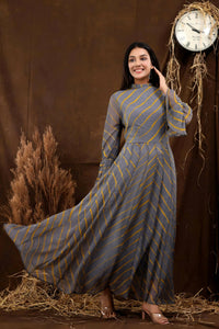 Thumbnail for Women's Grey Chiffon Leheriya Dress - Isya - Distacart