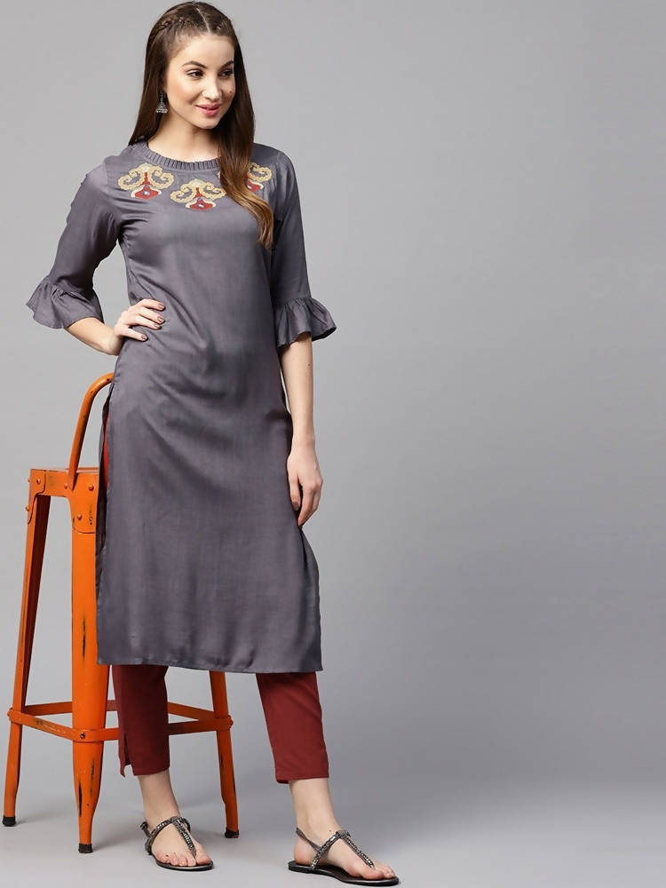 Yufta Women Grey & Maroon Solid Kurta with Trouser