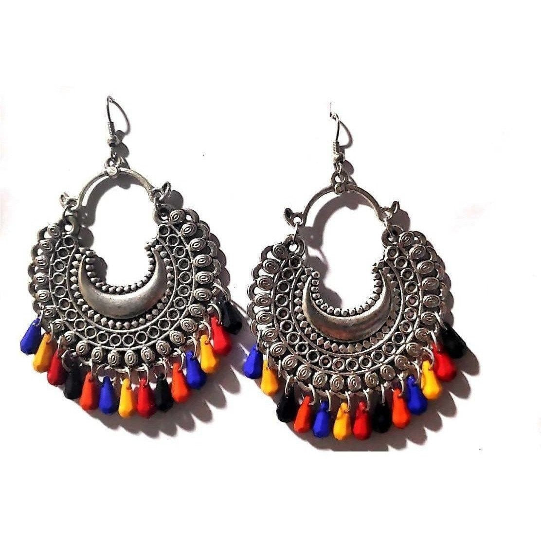 Multi Color Beads German Silver Plated Antique Finish Alloy Chandbali Earrings