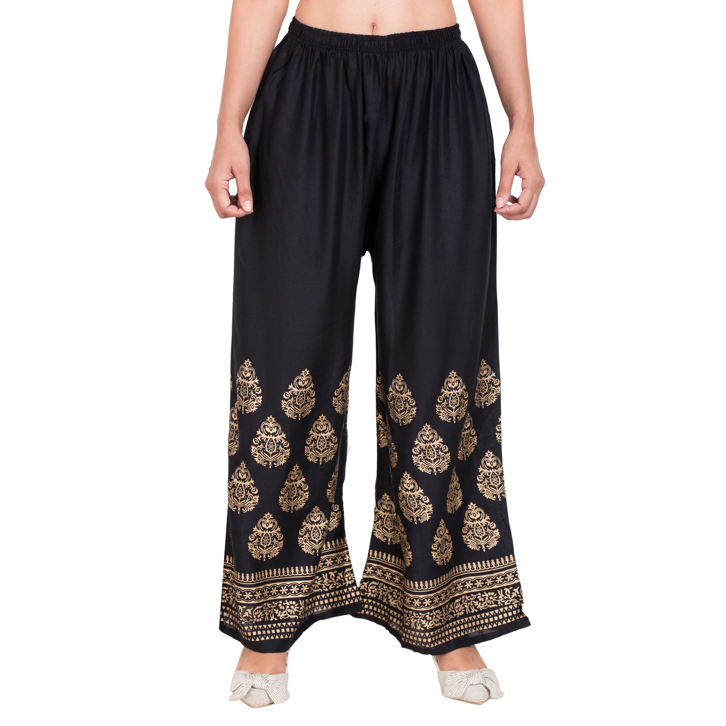 PAVONINE Black Color Golden Printed Rayon Fabric Sharara For Women - Distacart