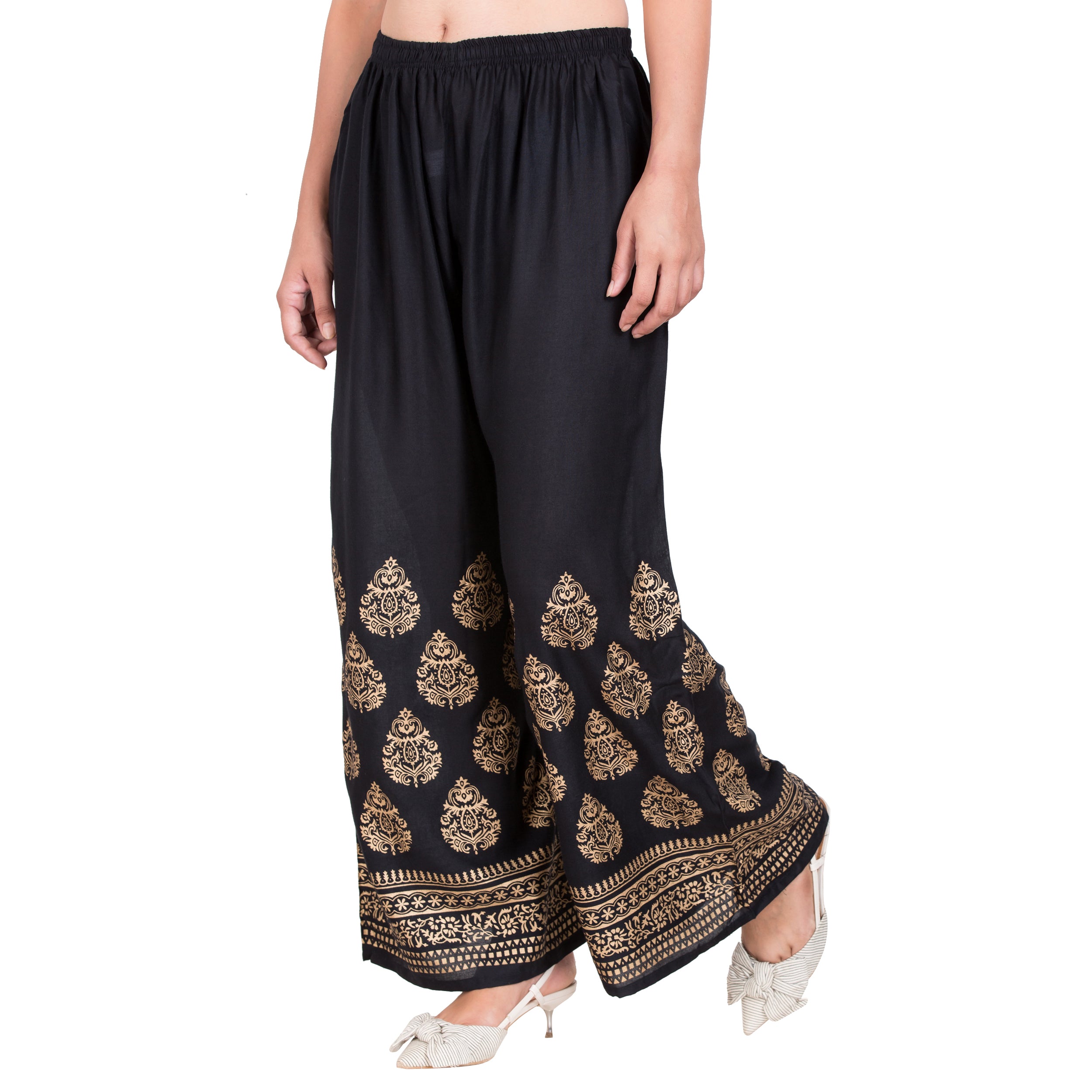PAVONINE Black Color Golden Printed Rayon Fabric Sharara For Women - Distacart