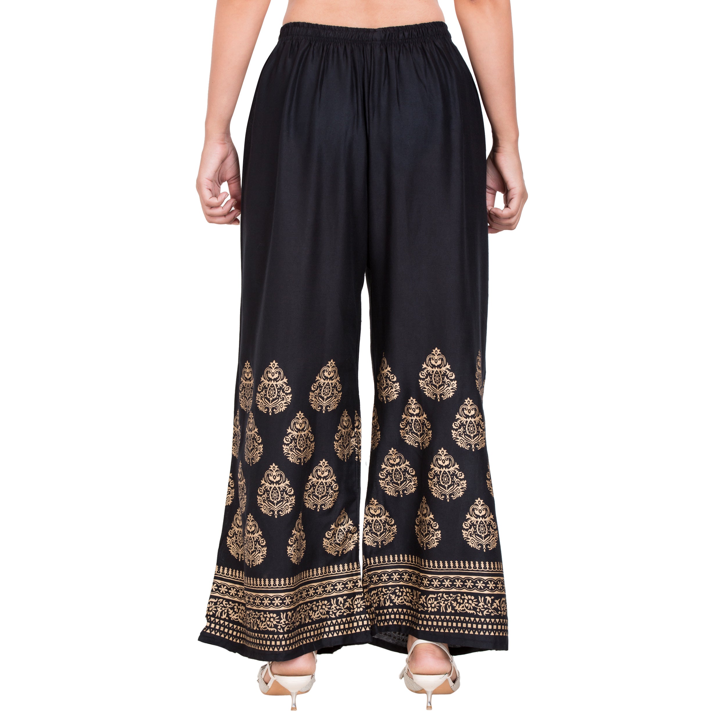 PAVONINE Black Color Golden Printed Rayon Fabric Sharara For Women - Distacart