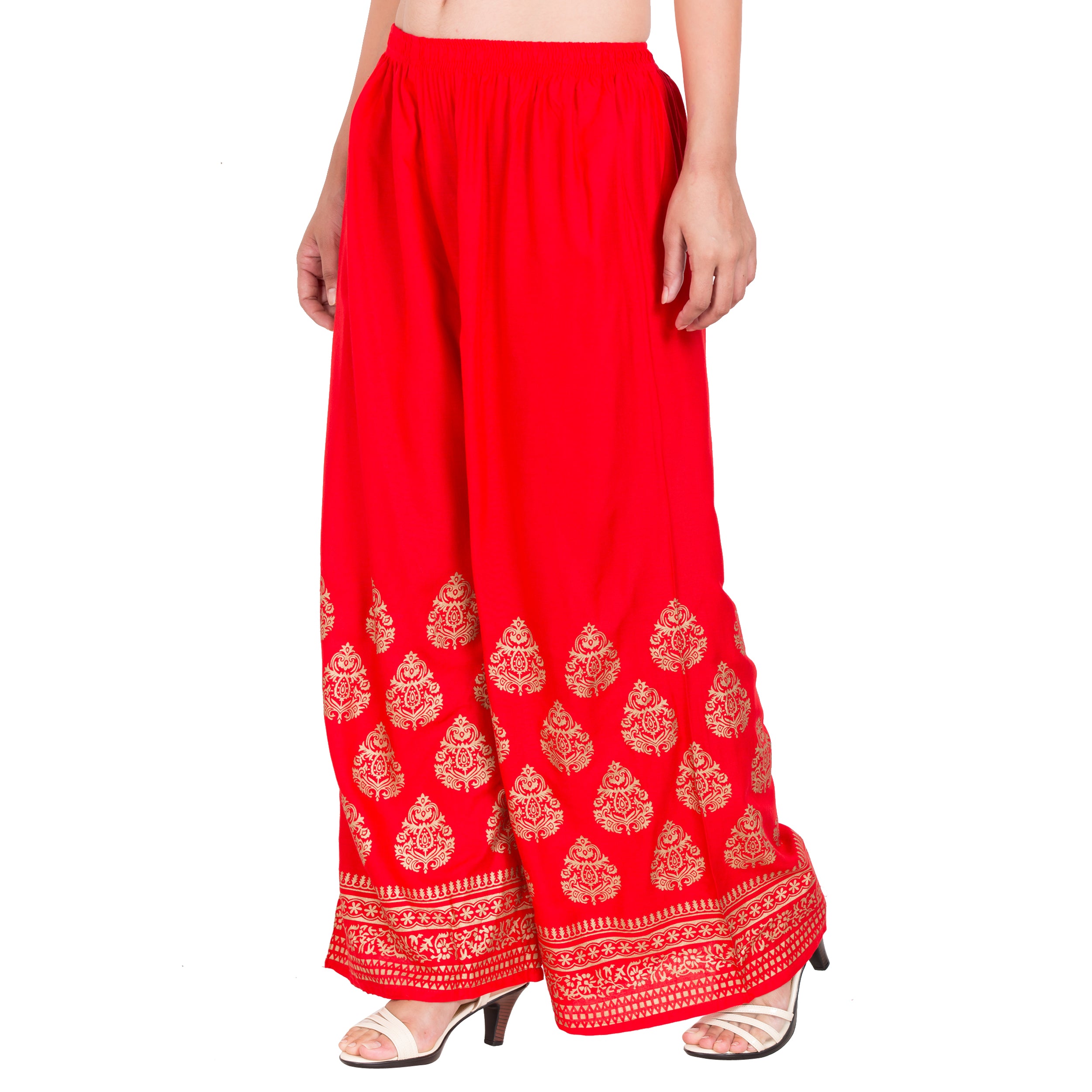 PAVONINE Red Color Golden Printed Rayon Fabric Sharara For Women - Distacart