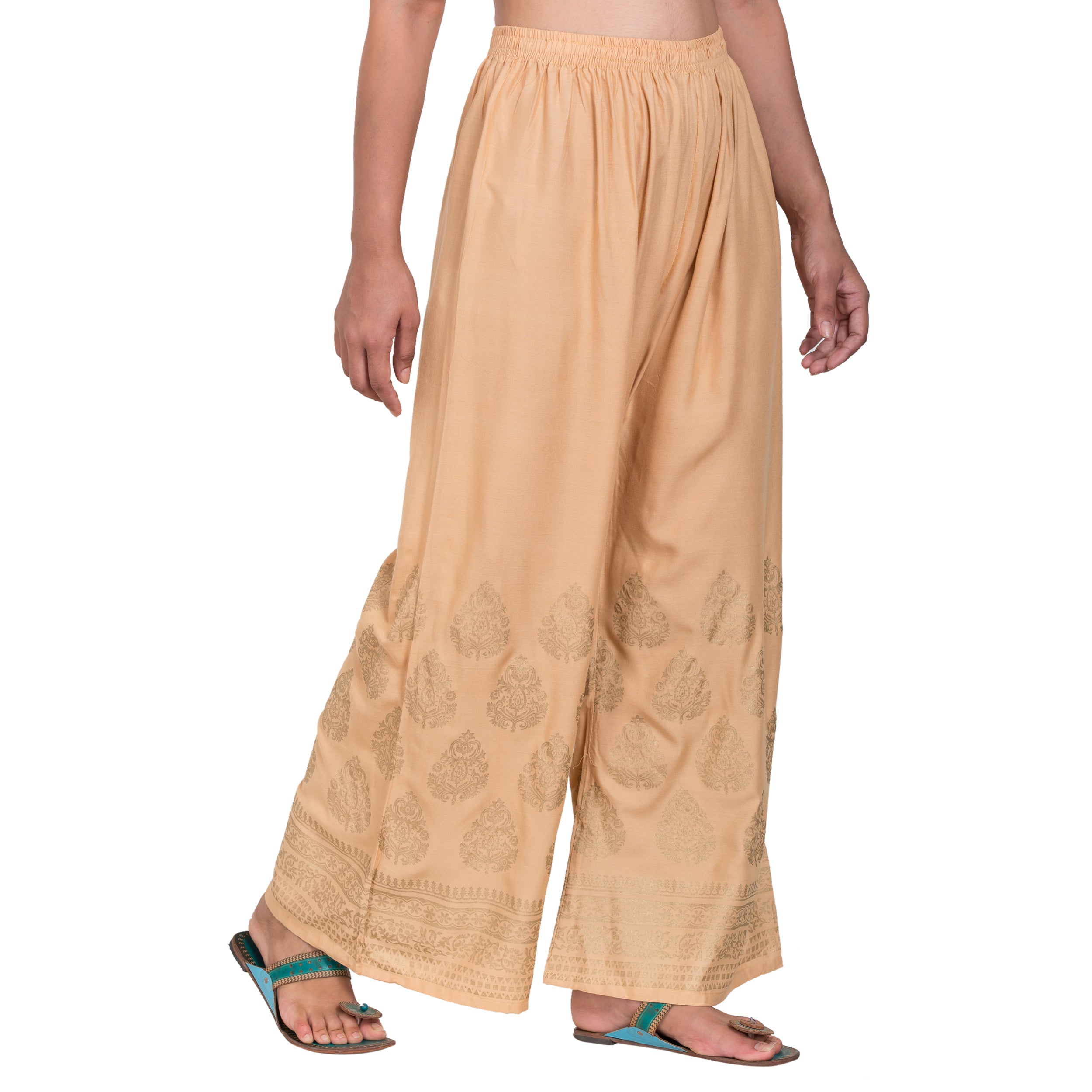 PAVONINE Beige Color Golden Printed Rayon Fabric Sharara For Women - Distacart