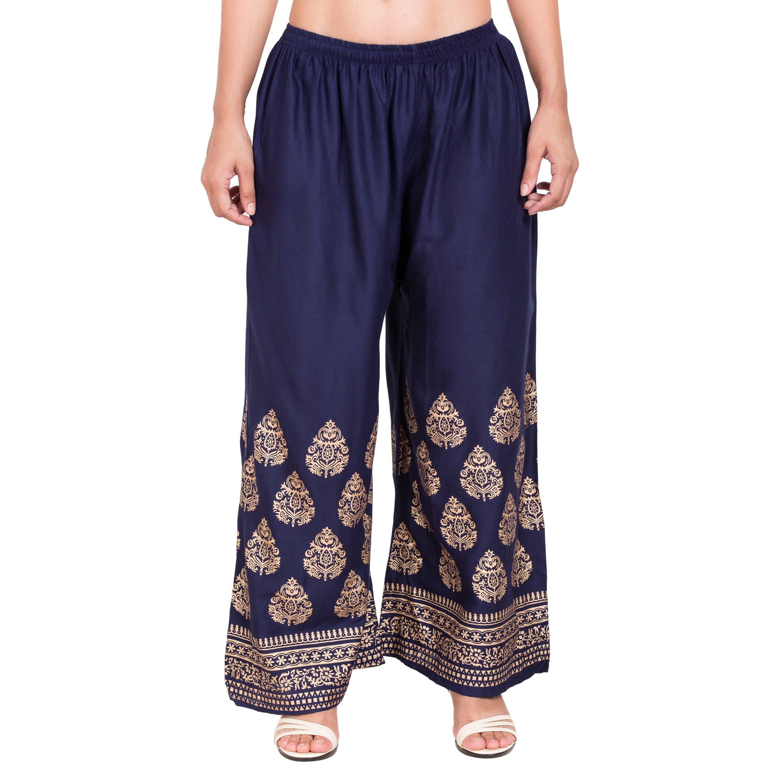 PAVONINE Navy Blue Color Golden Printed Rayon Fabric Sharara For Women - Distacart