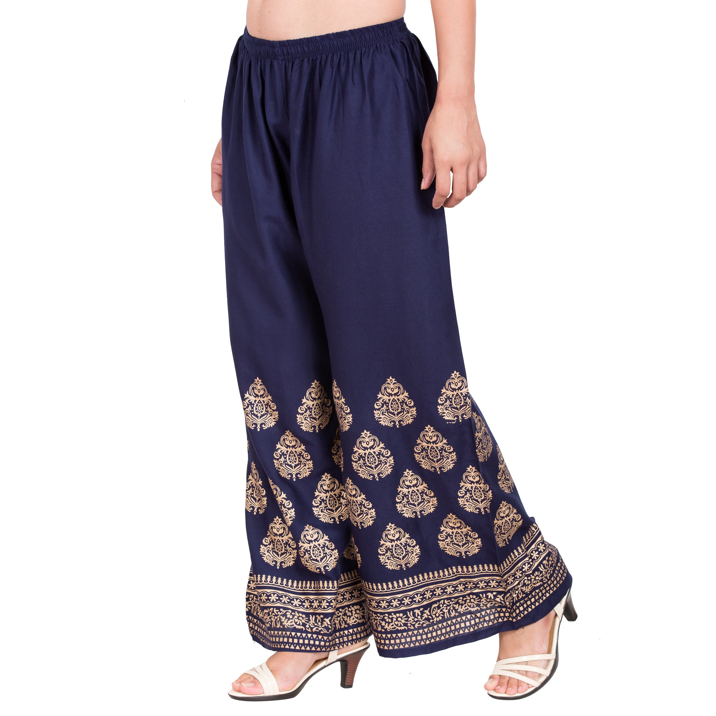 PAVONINE Navy Blue Color Golden Printed Rayon Fabric Sharara For Women - Distacart