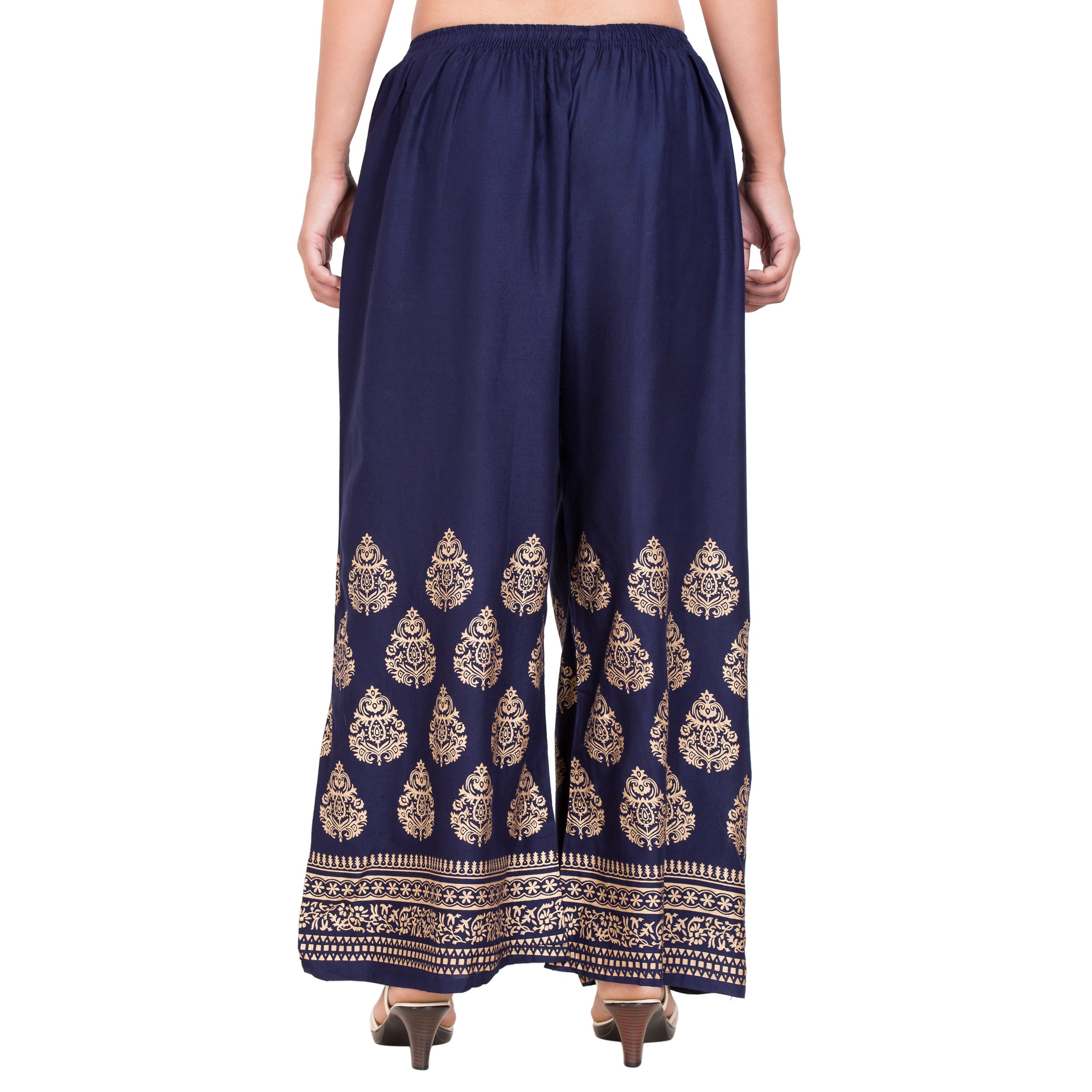 PAVONINE Navy Blue Color Golden Printed Rayon Fabric Sharara For Women - Distacart