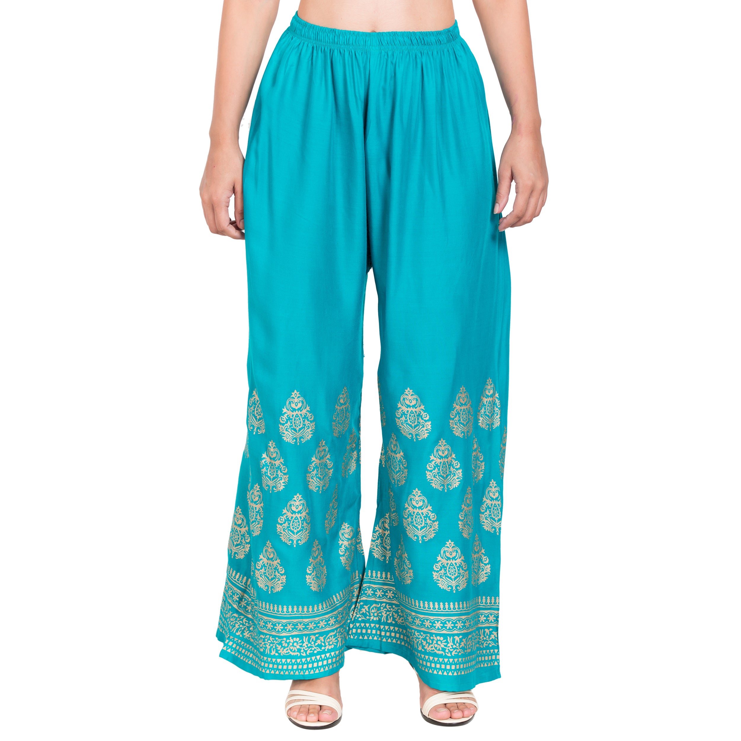 PAVONINE Rama Green Color Golden Printed Rayon Fabric Sharara For Women - Distacart