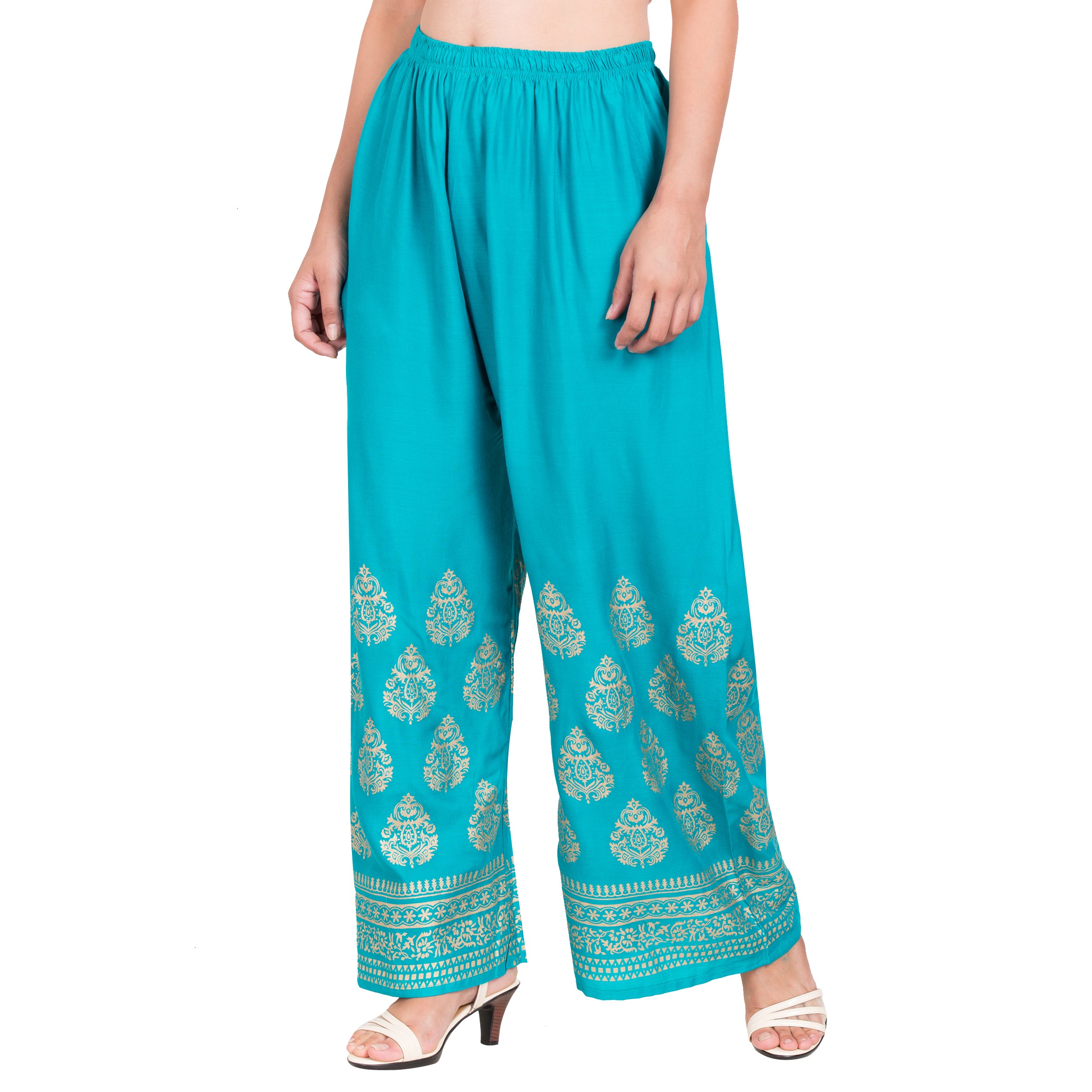 PAVONINE Rama Green Color Golden Printed Rayon Fabric Sharara For Women - Distacart