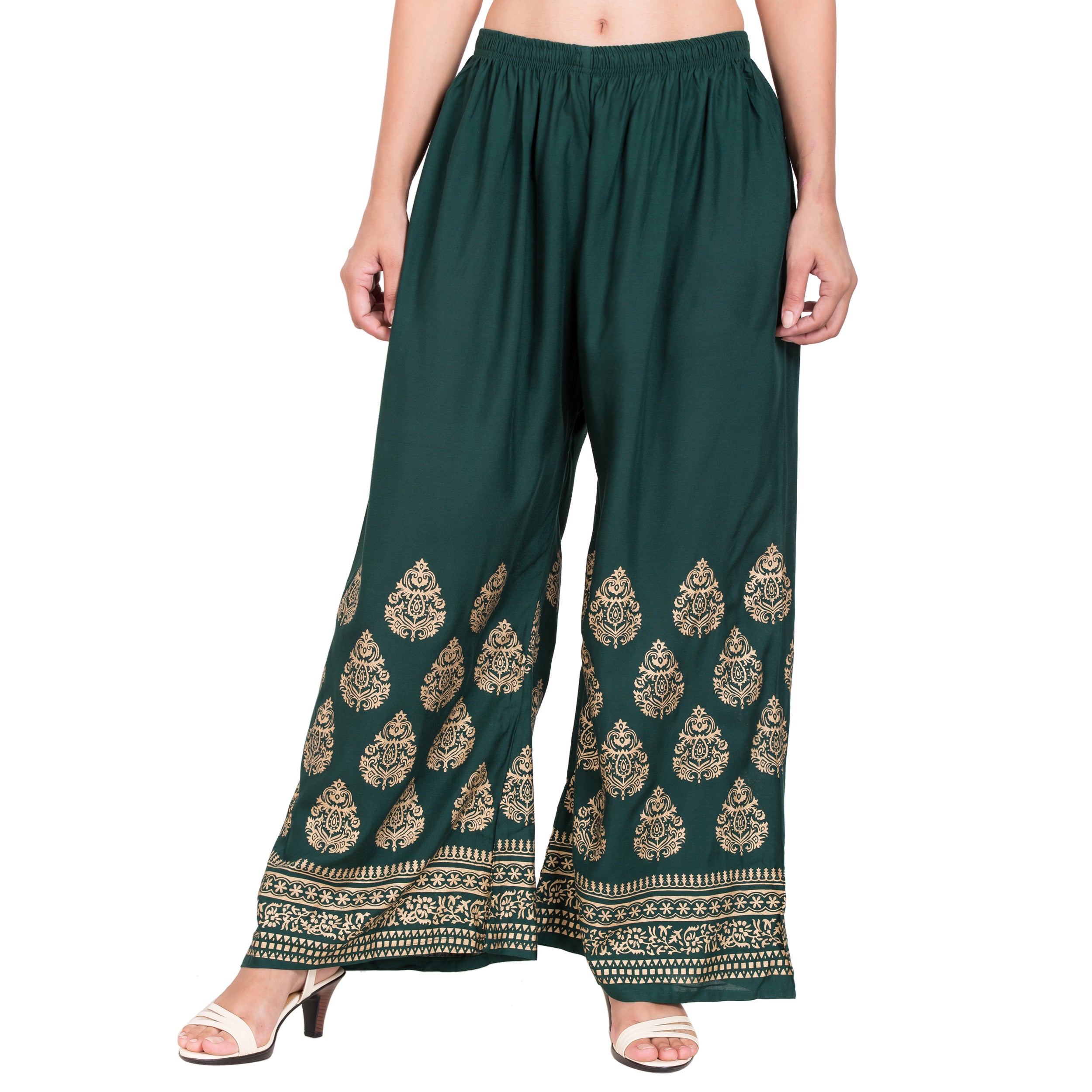 PAVONINE Bottle Green Color Golden Printed Rayon Fabric Sharara For Women - Distacart