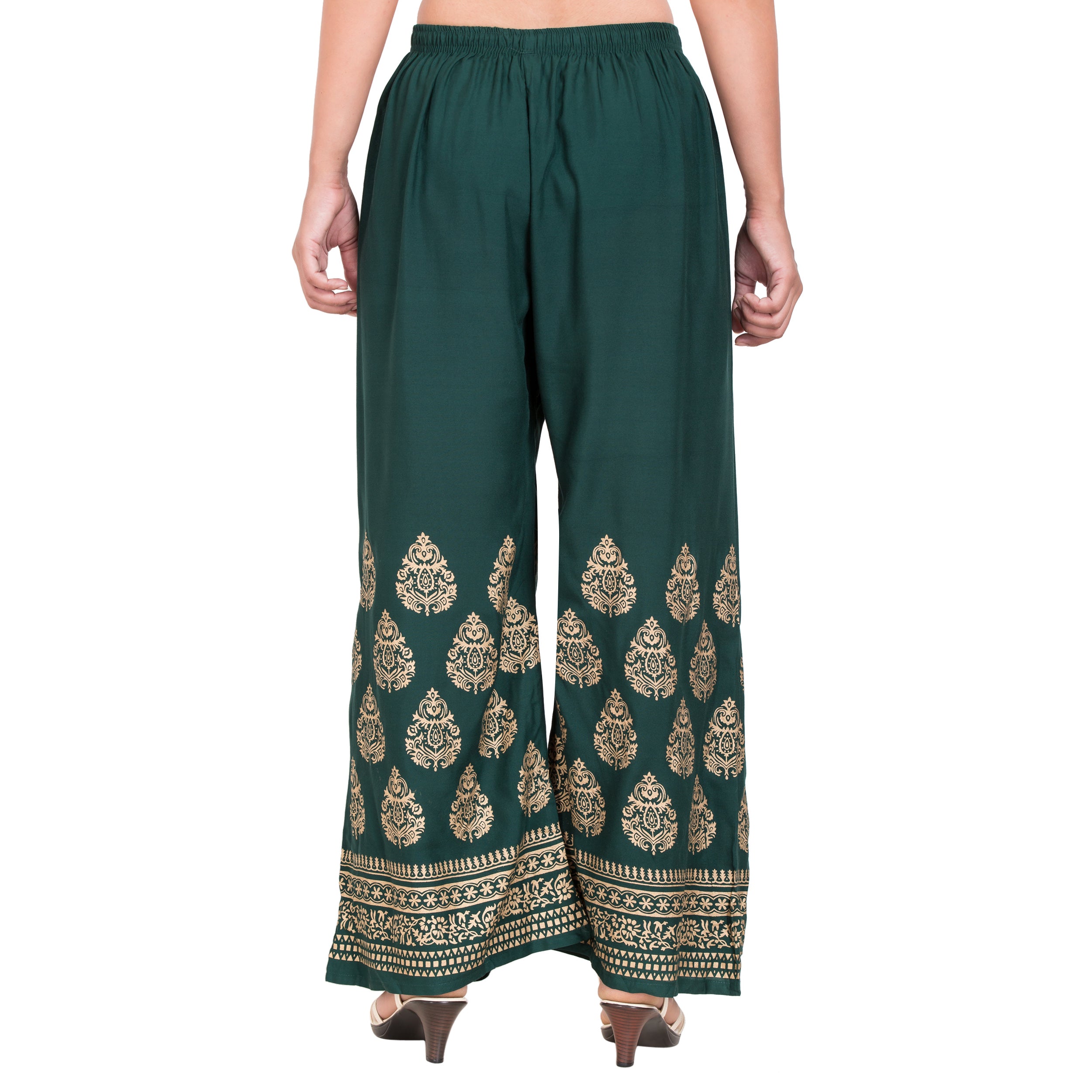 PAVONINE Bottle Green Color Golden Printed Rayon Fabric Sharara For Women - Distacart