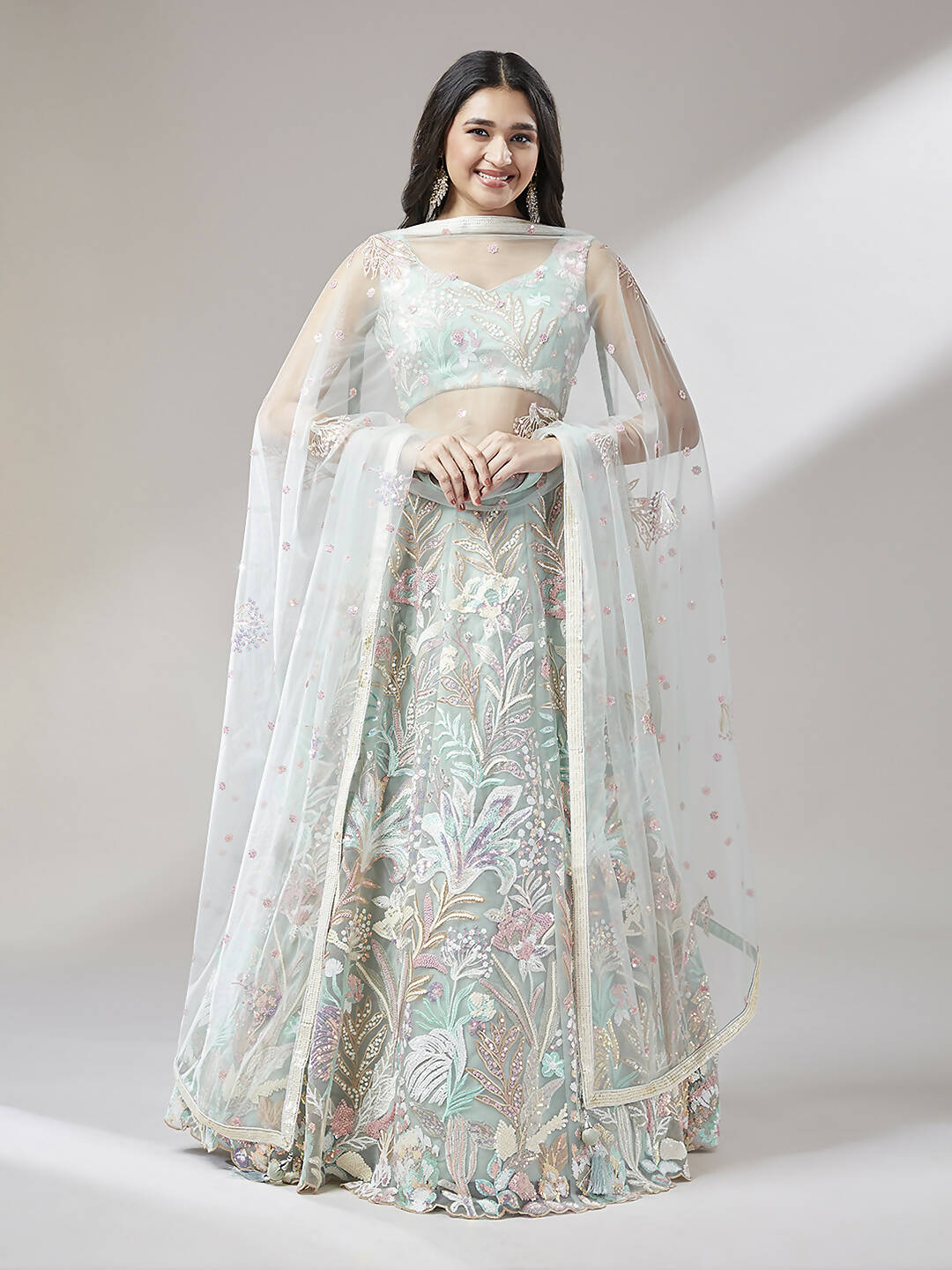 House of Panchhi Lime Green Net Sequinse Work Lehenga & Blouse with Dupatta - Distacart