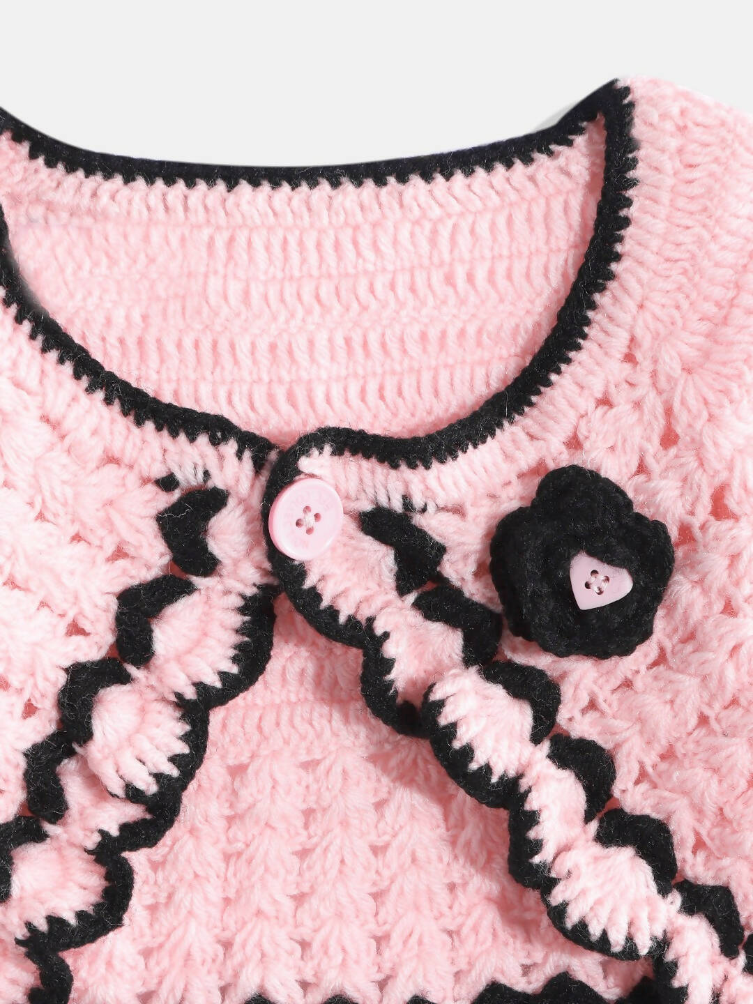 Chutput Kids Woollen Hand Knitted Full Sleeves Cardigan With Short Sleeves Flower Work Dress - Pink - Distacart