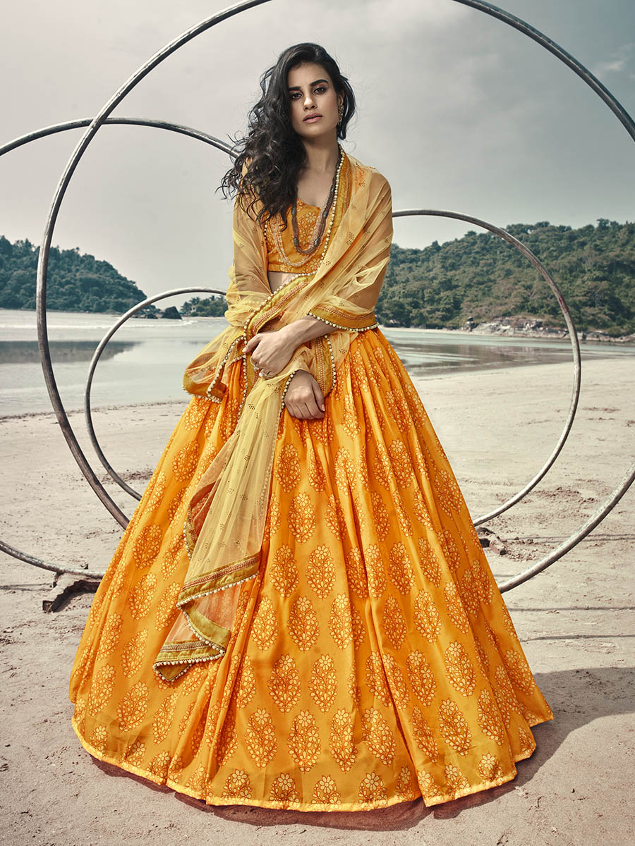 Myra Musturd Yellow Organza Printed Lehenga - Distacart