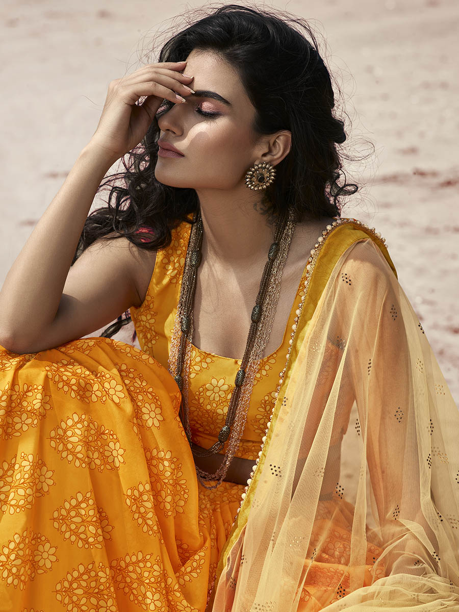 Myra Musturd Yellow Organza Printed Lehenga - Distacart