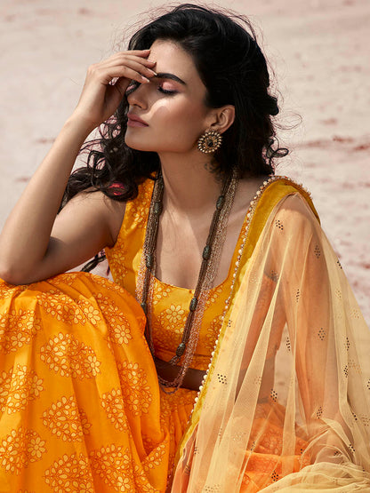 Myra Musturd Yellow Organza Printed Lehenga - Distacart