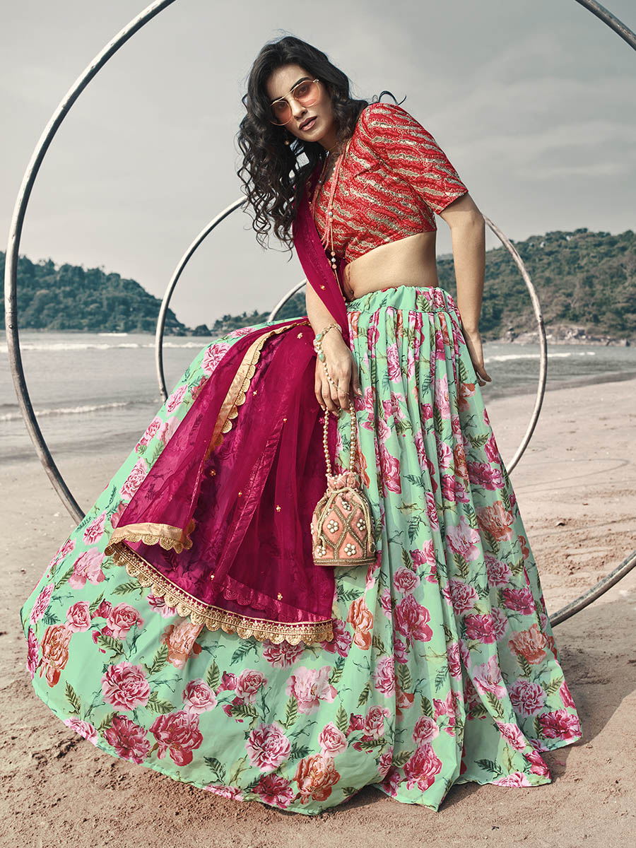 Myra Sky Blue Art Silk Printed & Embroidered Lehenga - Distacart