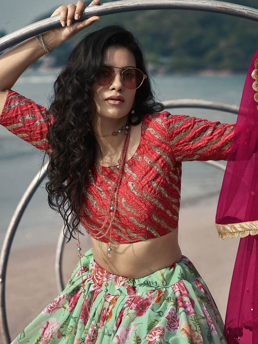 Myra Sky Blue Art Silk Printed & Embroidered Lehenga - Distacart