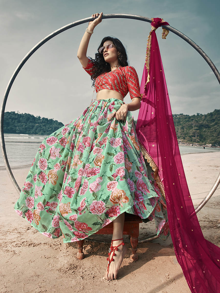 Myra Sky Blue Art Silk Printed & Embroidered Lehenga - Distacart